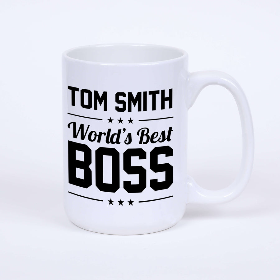 White ceramic coffee mug with 'World's Best Boss' custom name design.