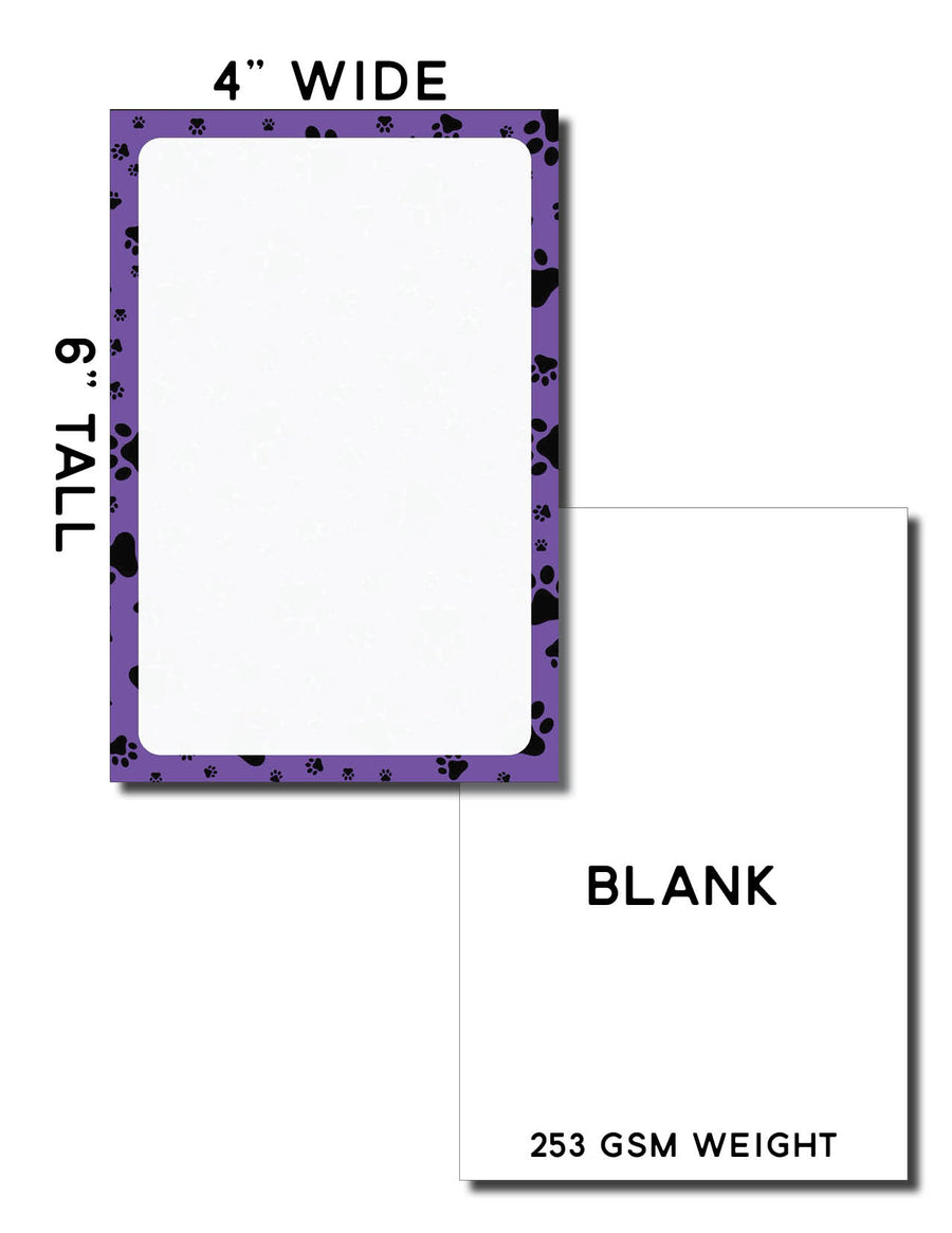 Infographic of paw prints design front and back and size dimensions on white background