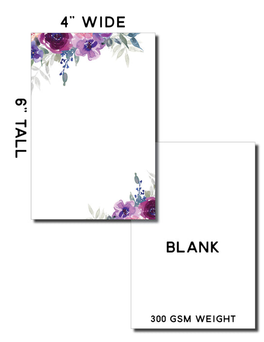 4" x 6" Purple Petals Design White Note Card Set - 50 Count - Premium Plus Paper Thickness