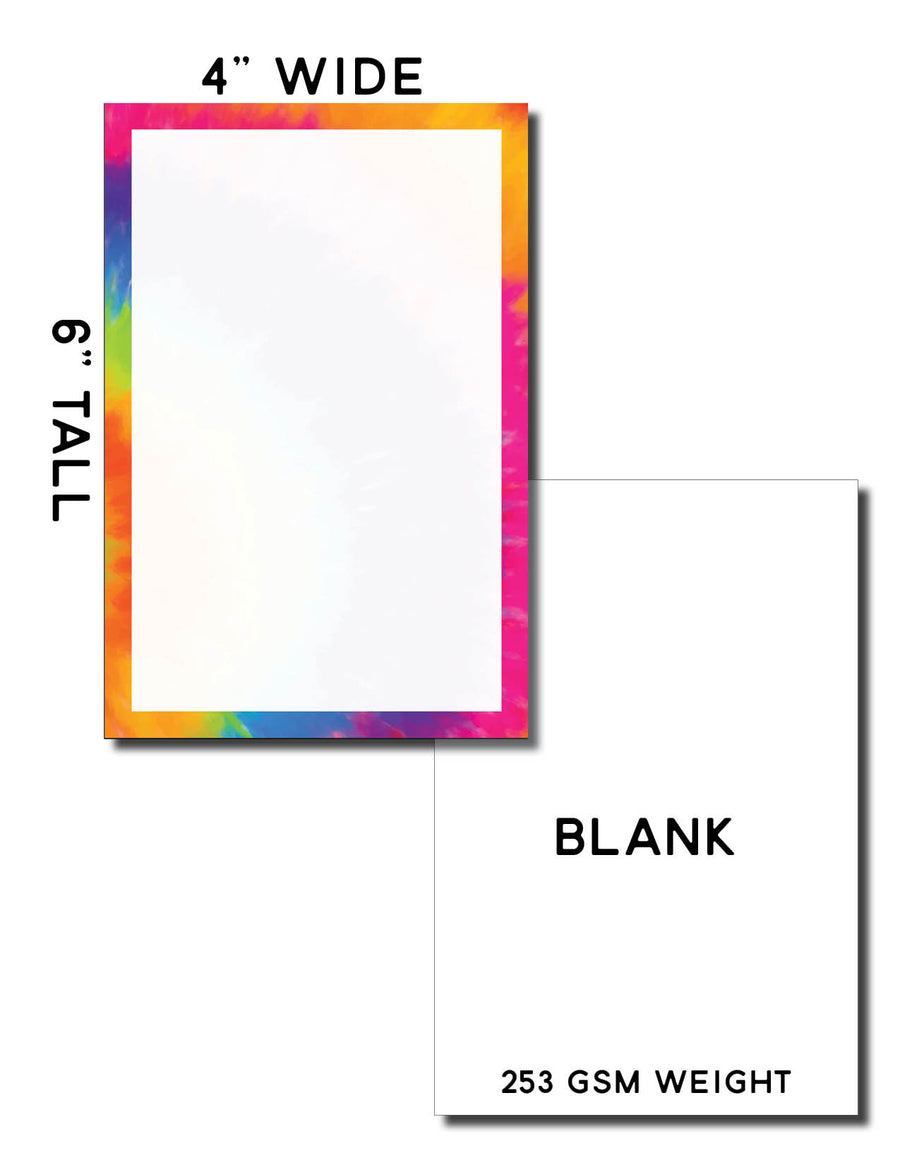 Infographic of tie dye design front and back and size dimensions on white background