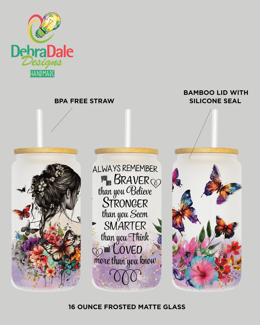 Specifications image for 16 oz frosted glass inspirational tumbler.