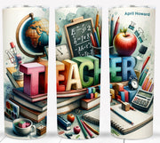 Personalized teacher gift set featuring a tumbler, mousepad, and memo pad with colorful educational designs and name.