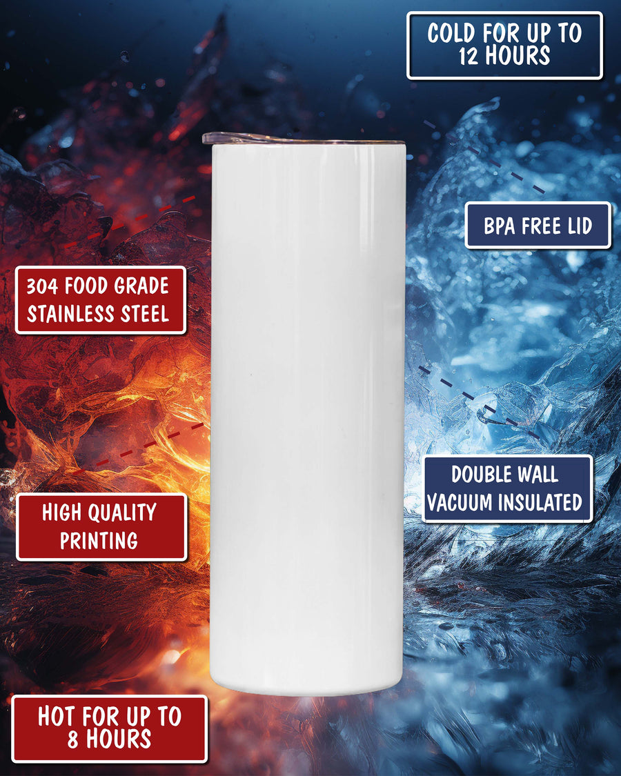 White tumbler with text highlighting features on a fiery and icy background