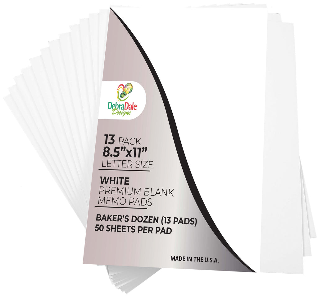 8.5” x 11” Blank Notepads – 13 Pack – White – 50 Sheets Each – 20# Bond – Chipboard Back