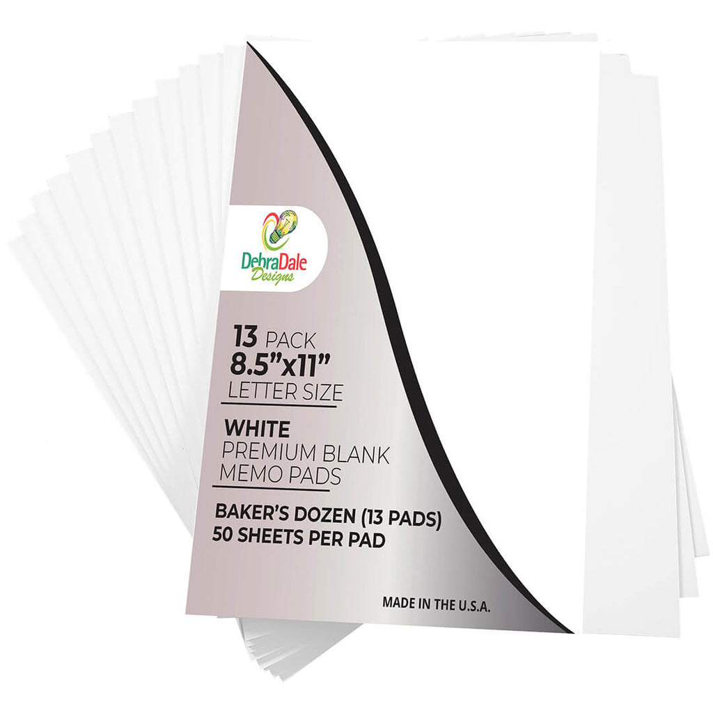 8.5” x 11” Blank Notepads – 13 Pack – White – 50 Sheets Each – 20# Bond – Chipboard Back