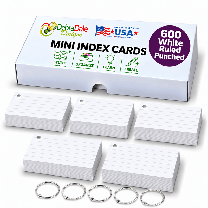 2x3.5 Mini Ruled Index Cards | 600 Count | White Punched 271 gsm Premium Weight