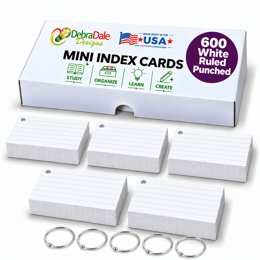 2x3.5 Mini Ruled Index Cards | 600 Count | White Punched 271 gsm Premium Weight