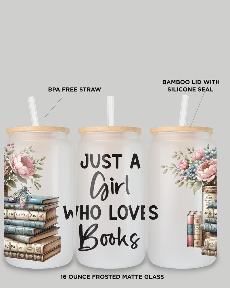 16 oz Frosted Glass Book Lover Tumbler with Bamboo Lid – 'Just a Girl Who Loves Books' Vintage Floral Stack Design