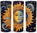 BOHO sun and moon design on a 20 oz stainless steel travel mug with vibrant colors and intricate patterns.