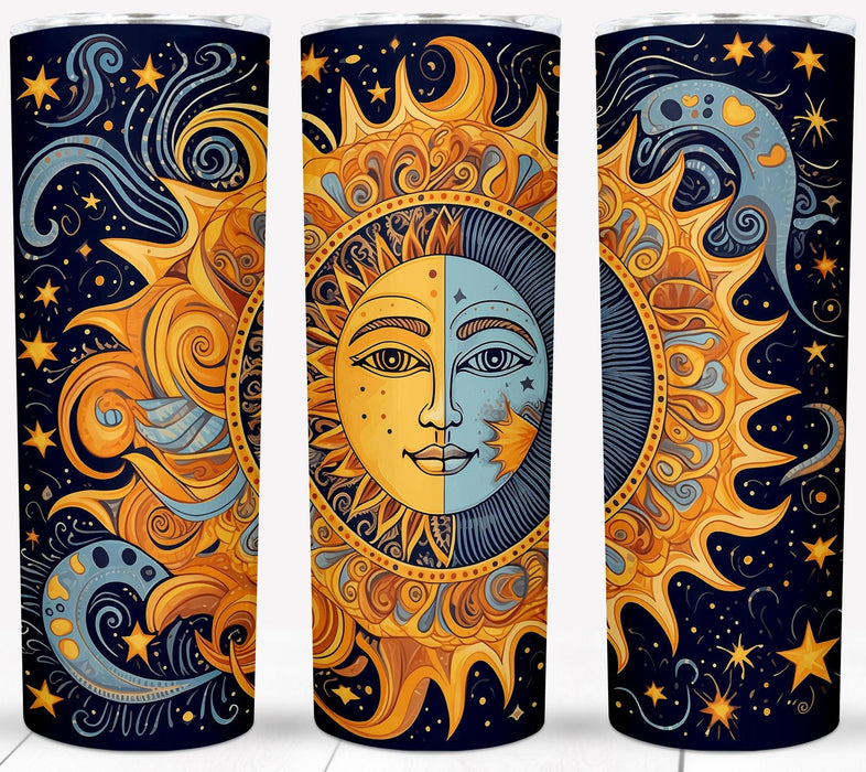 BOHO Sun and Moon 20 oz Stainless Steel Tumbler | Celestial Double Wall Insulated Travel Mug | Bohemian Sun and Moon Design