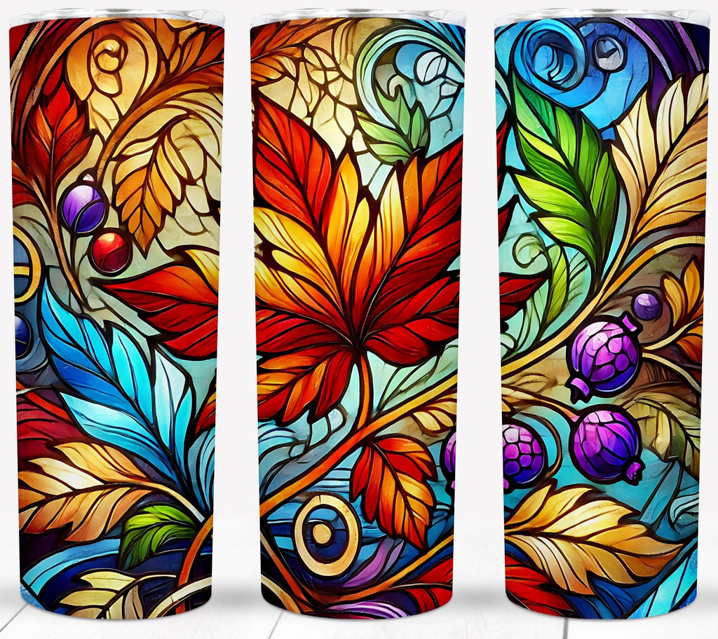 Autumn Stained Glass 20 oz Tumbler | Fall Leaves & Berry Design | Insulated Stainless Steel Drinkware