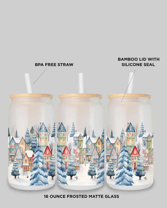 Christmas Village Frosted Glass Can – 16oz Frosted Glass Can with Bamboo Lid & BPA-Free Straw