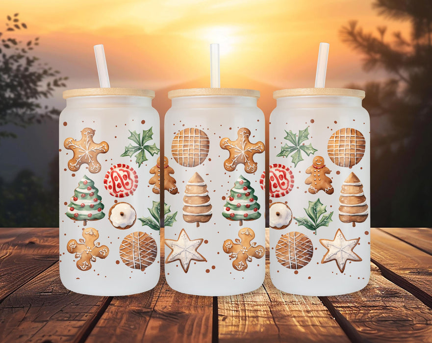 Christmas Cookie Frosted Glass Can – 16oz with Bamboo Lid and Straw, Holiday Drinkware Gift