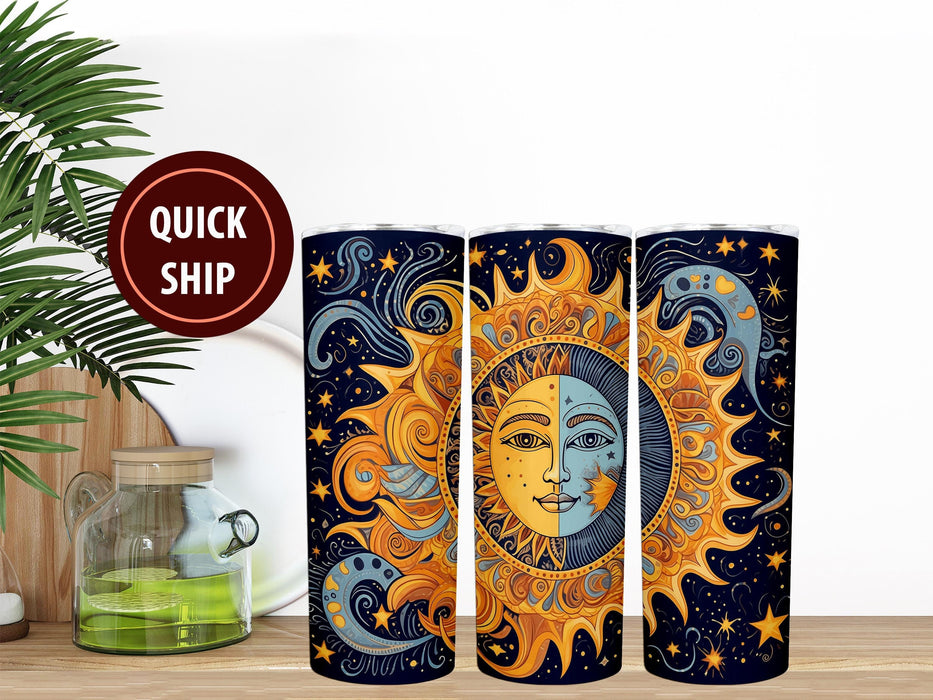 BOHO Sun and Moon 20 oz Stainless Steel Tumbler | Celestial Double Wall Insulated Travel Mug | Bohemian Sun and Moon Design