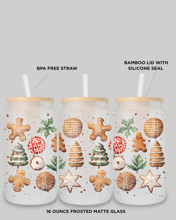 Christmas Cookie Frosted Glass Can – 16oz with Bamboo Lid and Straw, Holiday Drinkware Gift