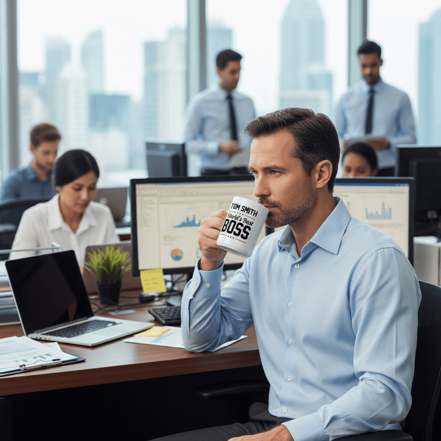 Lifestyle scene with personalized 'World’s Best Boss' mug on desk.