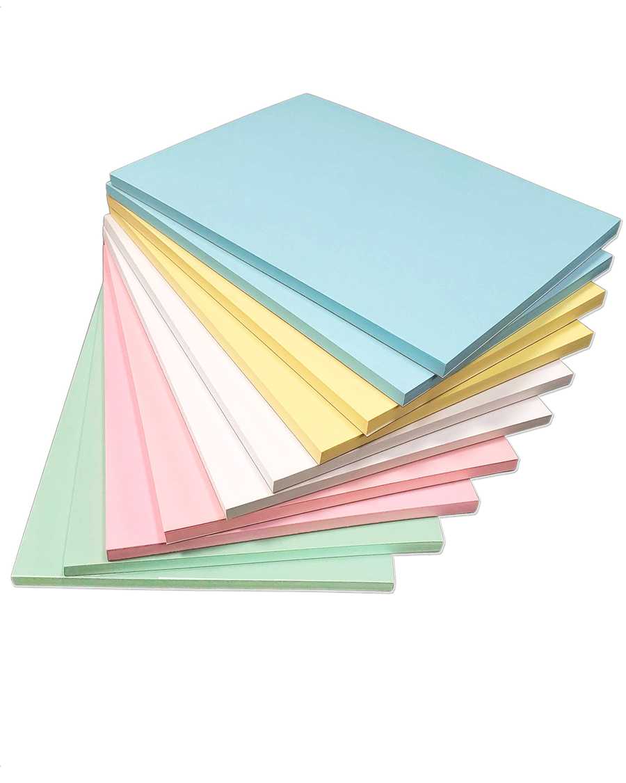 5” x 7” blank notepads stacked in five colors: blue, yellow, pink, green, and white, with a total of 10 pads.