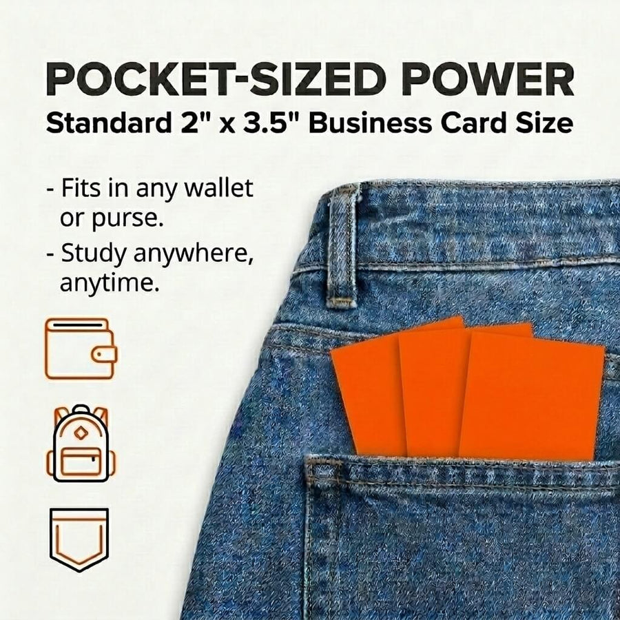 Bright index cards tucked into a jeans back pocket to show pocket size
