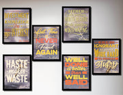 Set of 6 unframed 8" x 10" prints featuring Ben Franklin quotes in various fonts and colors on a light background.