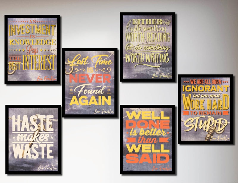 Set of 6 unframed 8" x 10" prints featuring Ben Franklin quotes in various fonts and colors on a light background.