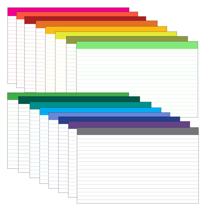 5” x 8” Ruled Index Cards – 560 Count – 16 Color Bar Designs – 199 gsm – Ruled Front, Blank Back – Shrink-Wrapped