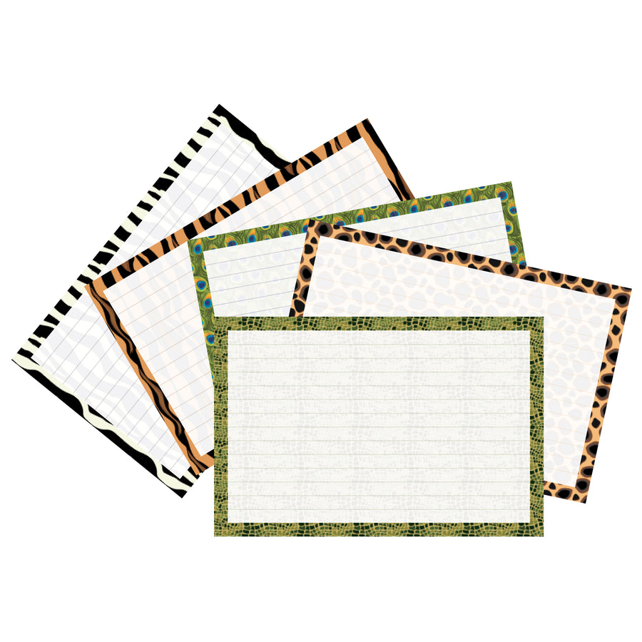 4” x 6” ruled index cards with animal print borders in various designs, featuring a total of 250 cards.
