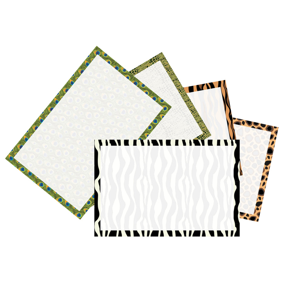 4” x 6” unruled index cards featuring various animal print borders in green, black, and orange designs.