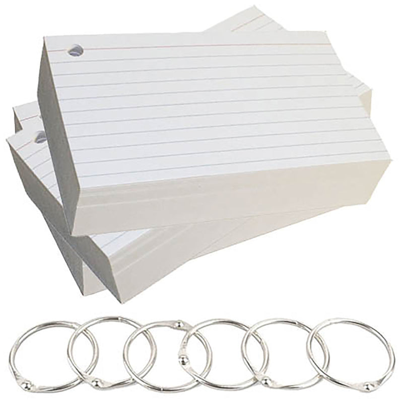 5” x 8” Ruled Index Cards – 300 Count – White – Hole-Punched with Rings – 253 gsm Premium Cardstock – Shrink-Wrapped