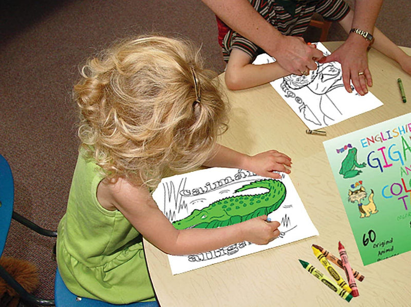 Pages from bilingual animal coloring and writing pad with early learning activities