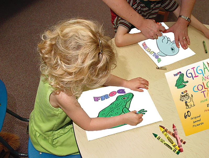Cover of animal coloring and spelling activity pad with included crayons