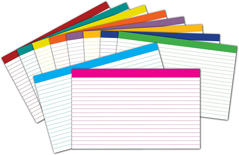 5” x 8” Color Bar Ruled Index Cards – 500 Count – 10 Colors – 199 gsm Standard Cardstock – Ruled Front, Blank Back – Shrink-Wrapped