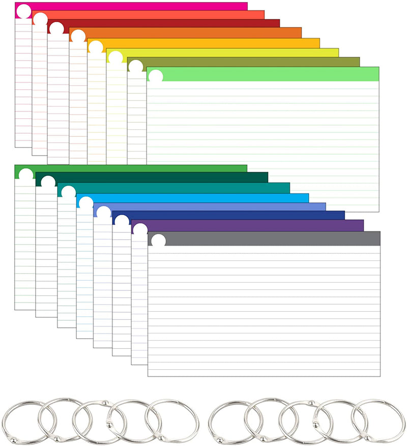 576 Single Hole-Punched Color Bar Ruled 4" x 6" Index Cards - 110# Genuine Standard Cardstock - 10 Metal Binder Rings