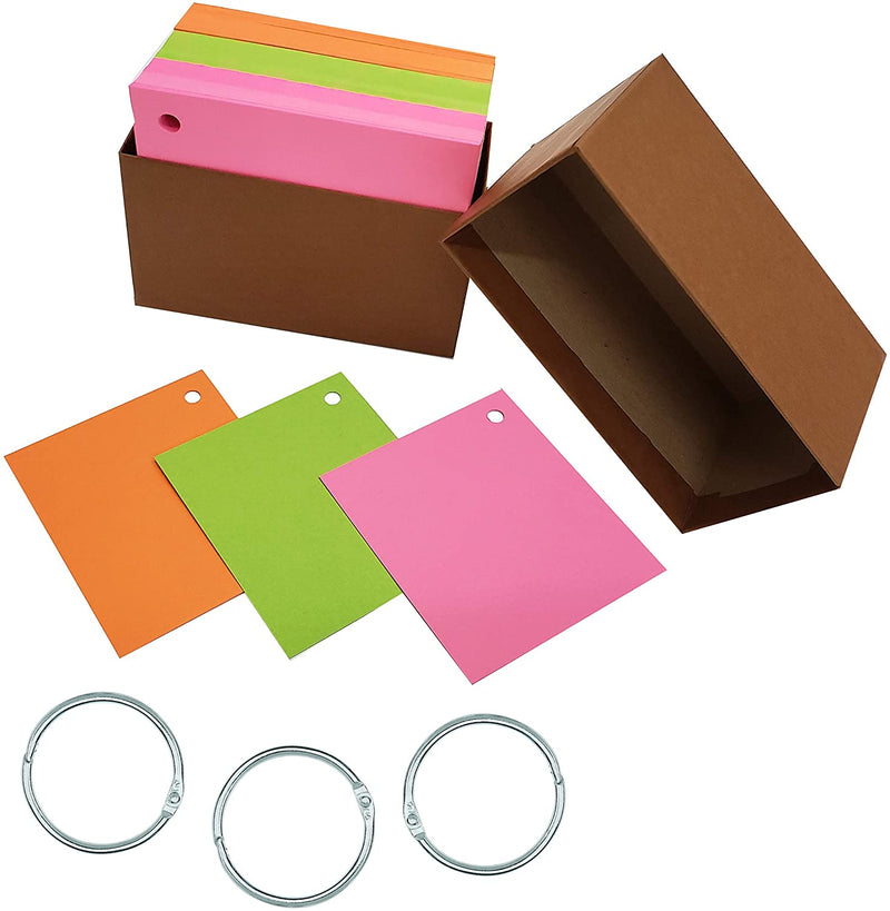 Extra Thick 100# Bright Cardstock Flash Cards - 4" x 3.5" - Three Colors - Single Hole Punched with Three Binder Rings - Bonus Travel Box