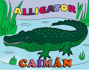 Back cover and sample pages of bilingual animal coloring book with crayons