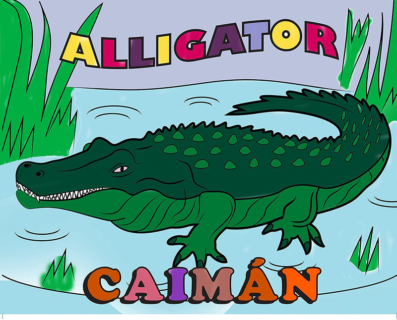 Back cover and sample pages of bilingual animal coloring book with crayons