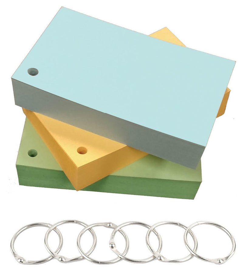 3" x 5" Blank Blue, Green, & Buff Colors Hole Punched Index Cards - Standard Paper Thickness
