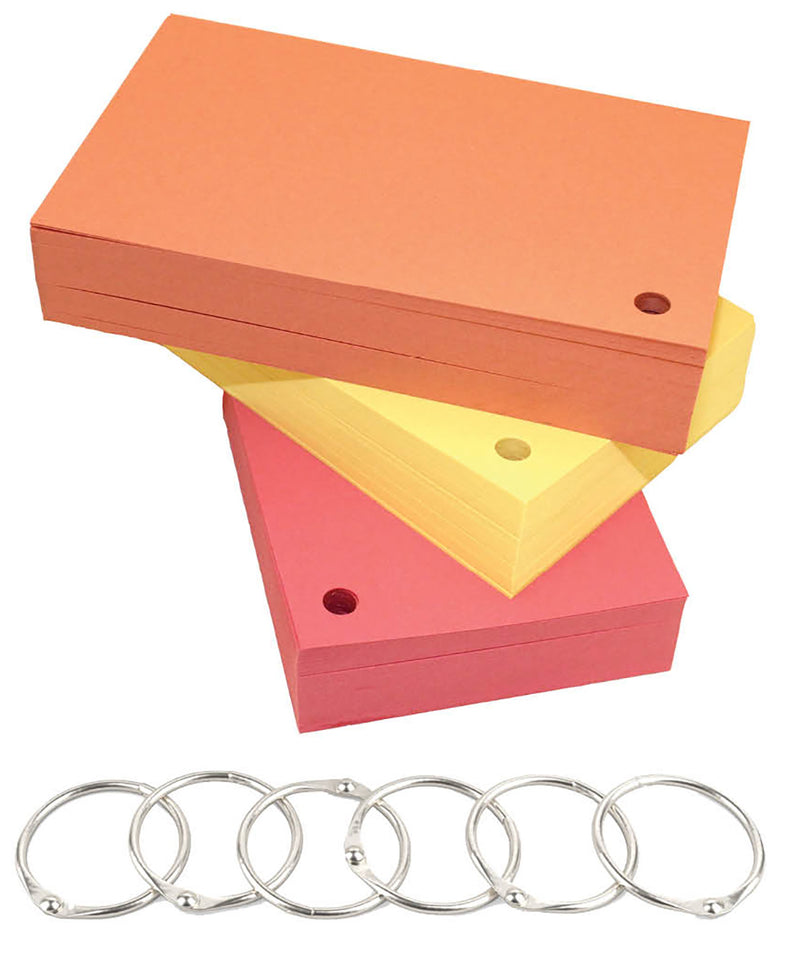 3” x 5” Blank Index Cards – 300 Count – Cherry, Yellow & Salmon – Hole-Punched – 199 gsm Premium Cardstock – Made in USA
